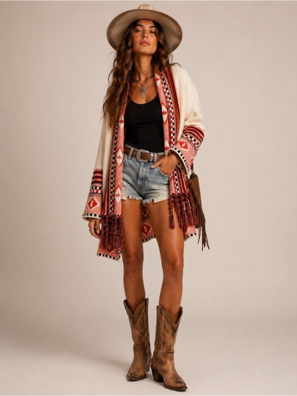 Maxsport Open Front Southwestern Aztec Tribal Fringe Knit Cardigan